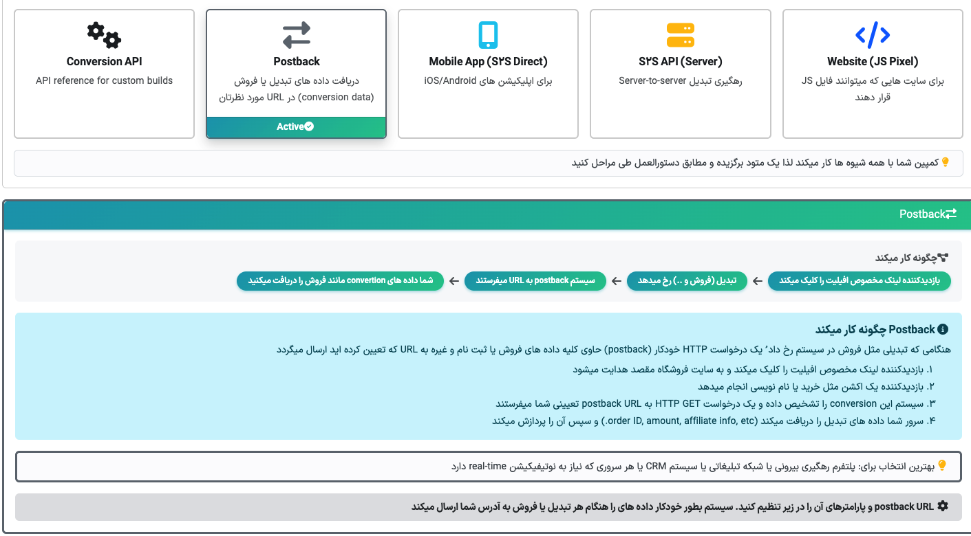 روش های نوین اتصال به سایت و اپلیکیشن مانند S2S , Postback , API